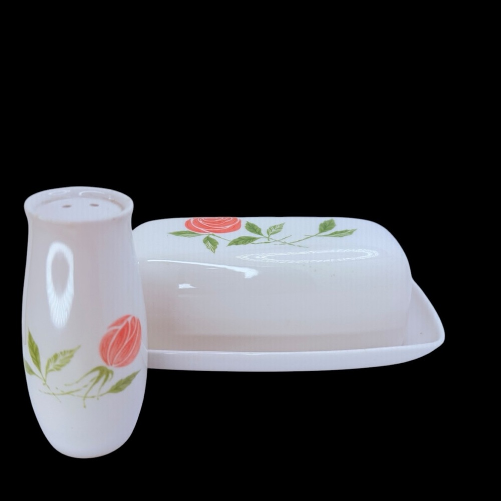 Vintage Franciscan Pink A Dilly Butter Dish & Salt Shaker Set 1950’s